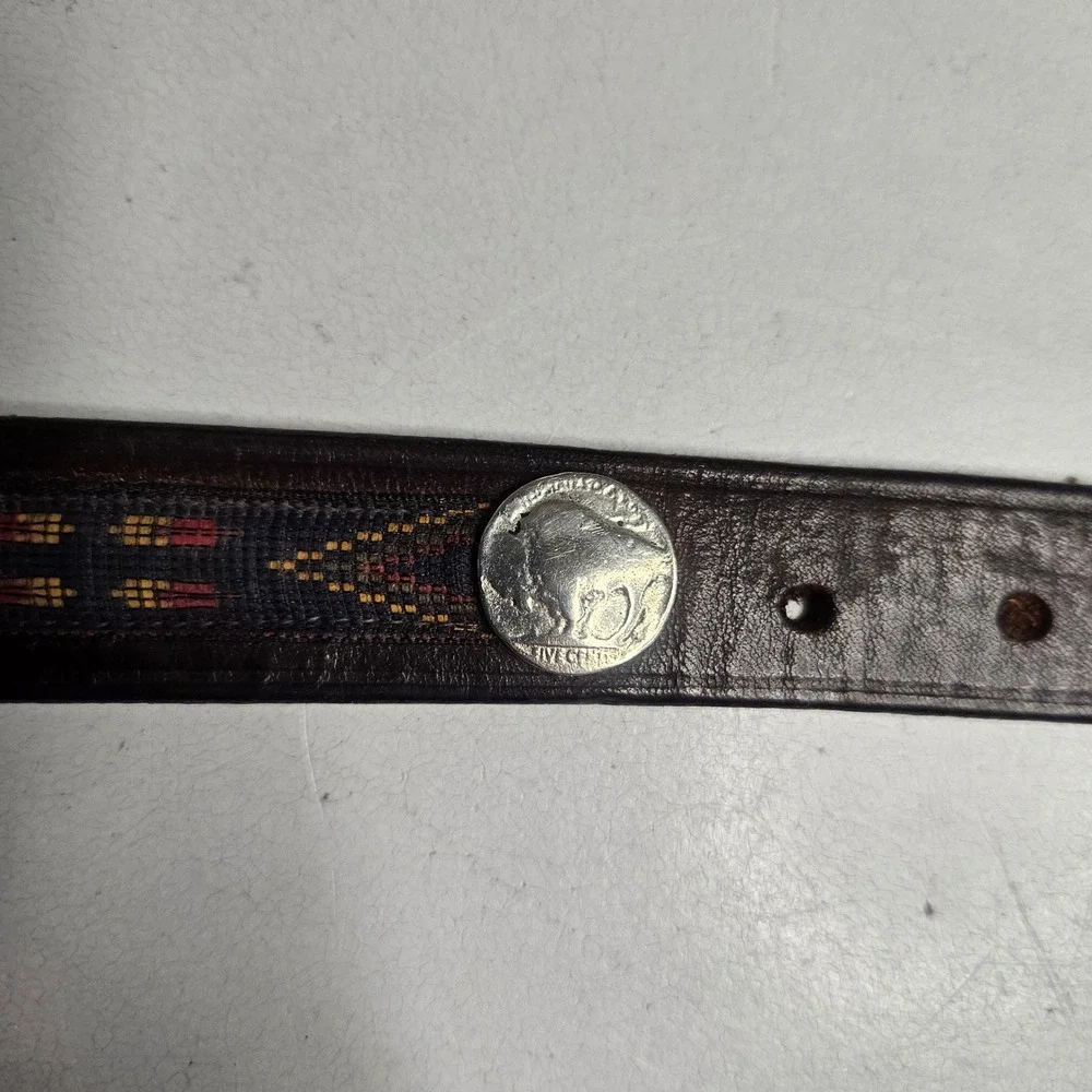 Trafalgar Mens Brown Leather Belt Buffalo Nickel Southwestern‎ Woven Inlay 42